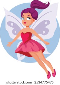 
Beautiful Pink Fairy with Butterfly Wings Vector Cartoon Illustration. Pretty adorable pixie wearing a lovely dress 
