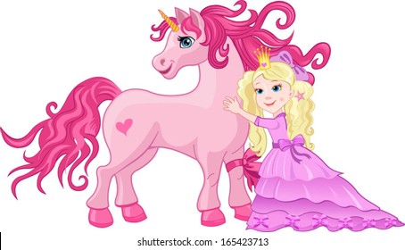 Beautiful pink fairy Princess embrace Unicorn