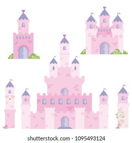 Beautiful Pink Fairy Tale Fantasy Castle Tower Design Set Flat Vector Illustration Isolated on White