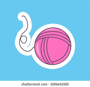 Beautiful pink filar ball, vector illustration of cute clew with white framing and abstract tail, good toy for kitten, isolated on blue background