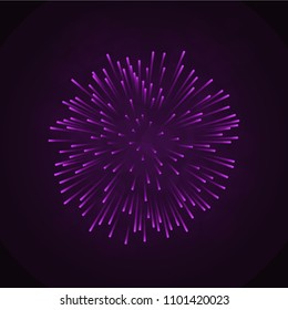Beautiful pink firework. Bright firework isolated on black background. Light purple decoration firework for Christmas, New Year celebration, holiday, festival, birthday card Vector illustration