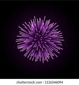 Beautiful pink firework. Bright firework isolated on black background. Light purple decoration firework for Christmas, New Year celebration, holiday, festival, birthday card Vector illustration