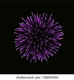 Beautiful pink firework. Bright firework isolated on black background. Light purple decoration firework for Christmas, New Year celebration, holiday, festival, birthday card Vector illustration