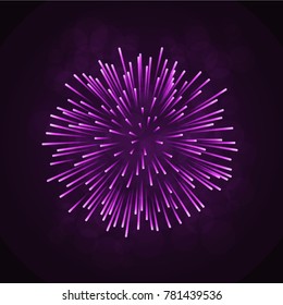 Beautiful pink firework. Bright firework isolated on black background. Light purple decoration firework for Christmas, New Year celebration, holiday, festival, birthday card Vector illustration