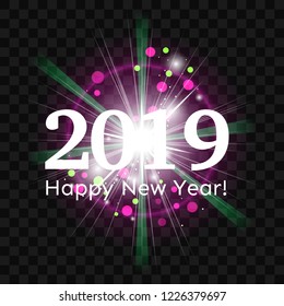 Beautiful pink fireworks with a bright flash of light and greetings Happy New Year 2019 on transparent background. Eps 10 vector.
