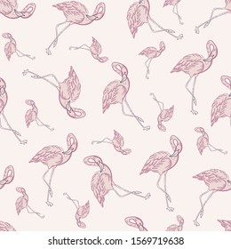 Beautiful pink flamingo bird flat color seamless pattern  - vector image