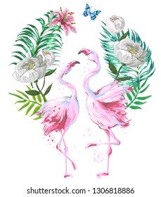 Beautiful pink flamingo composition with tropic leaves, flowers and butterfly isolated on white background.Valentine day design