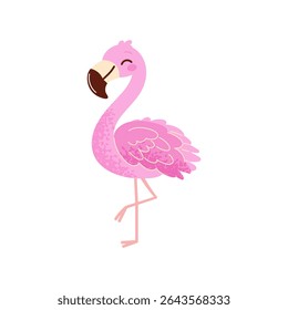 Beautiful pink flamingo isolated on white background. Summer illustration of cute flamingo in simple childish style