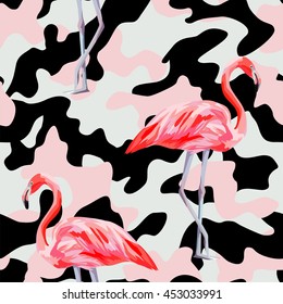 Beautiful pink flamingo print on camo background. Seamless vector pattern. Decorative trendy nature wallpaper