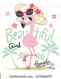 Beautiful pink flamingo wearing summer hat on the beach vector illustration.