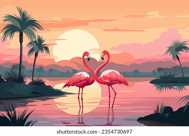 Beautiful pink flamingos at sunset background. Paradise landscape with two beautiful flamingos against the backdrop of palm trees and sunset. Wild nature. Vector illustration.