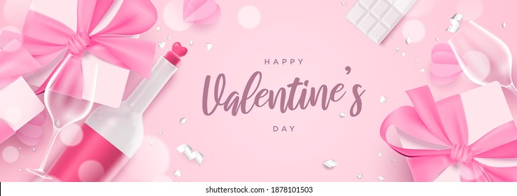 Beautiful pink flat lay valentine's day theme banner illustration with realistic gift box, champagne bottle and glass