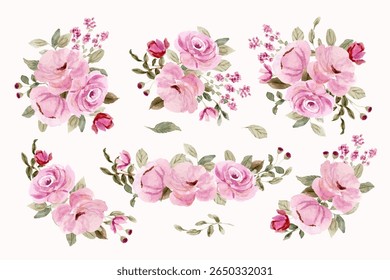 beautiful pink floral bouquet watercolor collection; pink floral composition set