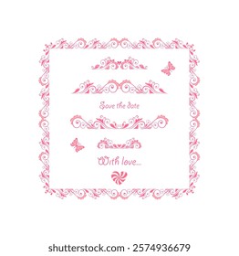 Beautiful pink floral decorative borders and frames set for fashion embroidery, baby girl arrival greeting card, book headers or wedding invitation. Part 3