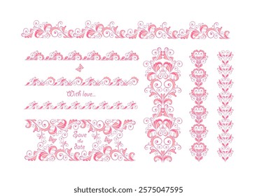 Beautiful pink floral decorative borders and frames set for fashion embroidery, baby girl arrival greeting card, book headers or wedding invitation. Part 6.