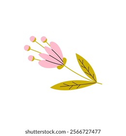 Beautiful pink flower illustration with leaves and blossoms on a white background