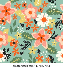 Beautiful pink flower and leaf wallpaper on blue background seamless pattern cartoon vector