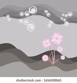 Beautiful pink flower on soil and sky with cloud background, landscape texture vector illustration and copy space.