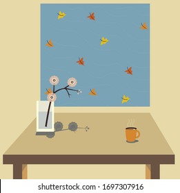 hermoso vector de flores rosas en el transparente jarrón de vidrio y un café naranja en la mesa. Las coloridas hojas de otoño caen fuera de la ventana. 