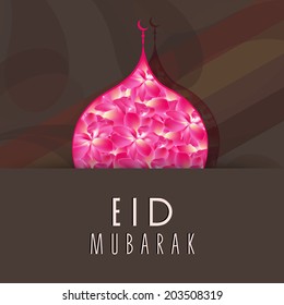 Beautiful pink flowers decorated mosque on brown background for Muslim community festival Eid Mubarak celebrations. 