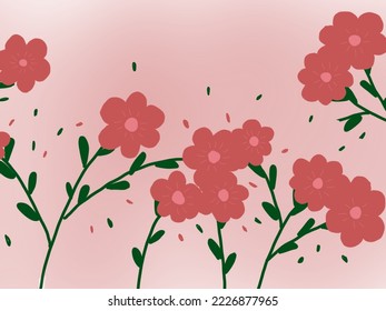 Beautiful pink flowers and leaves on pink background vector, illustrations. Aesthetic concept for wallpaper, wall decor, templates