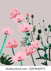 Schöne rosafarbene Blumen und Blätter Muster auf grauem Hintergrund für Web-Banner, Branding-Paket, Stoffdruck, Tapete, Social-Media-Post, Doodle, Noten, Buchumschläge, Wanddekor.