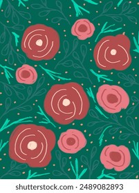 Hermoso rosa flores y hojas patrones sobre fondo verde para el Anuncio de Web, paquete de marca, impresión de tela, Fondo de pantalla, publicación de redes sociales, garabato, notas, cubiertas de libro, decoración de la pared.
