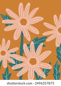 Beautiful Pink flowers and leaves patterns on orange background for web banner, branding package, fabric print, wallpaper, social media post, doodle, notes, book covers, wall decor.
