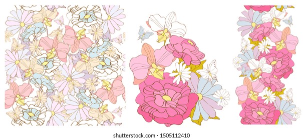 beautiful pink flowers , on a white, pattern