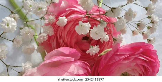 Beautiful pink flowers on a white background. Pink peonies. Pink roses. Delicate flowers. Floral background. Postcard with flowers. Postcard Birthday, Women's Day, Mother's Day.