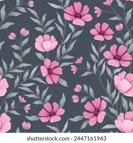 Beautiful  pink flowers seamless pattern. Blooming pink flowers and leaf pattern design for fabric textile wallpaper