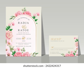 beautiful pink flowers wedding invitation card set template