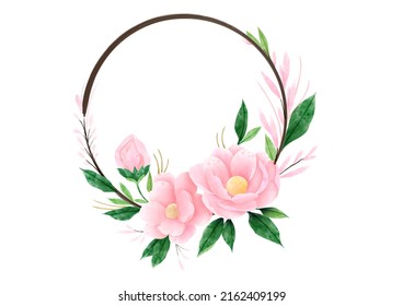 Beautiful pink flowers wreath in drawing and watercolors style on white background.