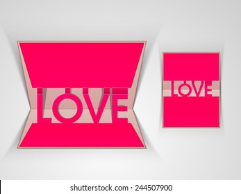 Beautiful pink greeting card design with creative paper cut out text Love for Happy Valentines Day celebration.