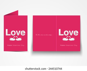 Beautiful pink greeting card design with text Love and swan couple for Happy Valentines Day celebration.