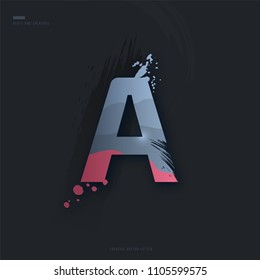 Beautiful pink grey Letter of font. Creative Letter A with brush strokes, drops, splashes and spray. Liquid character of English alphabet on dark background. Vector modern design element for your art
