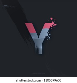 Beautiful pink grey Letter of font. Creative Letter Y with brush strokes, drops, splashes and spray. Liquid character of English alphabet on dark background. Vector modern design element for your art