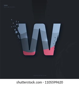 Beautiful pink grey Letter of font. Creative Letter W with brush strokes, drops, splashes and spray. Liquid character of English alphabet on dark background. Vector modern design element for your art