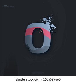 Beautiful pink grey Letter of font. Creative Letter O with brush strokes, drops, splashes and spray. Liquid character of English alphabet on dark background. Vector modern design element for your art