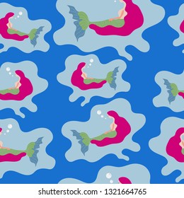 beautiful pink hair mermaid seamless pattern