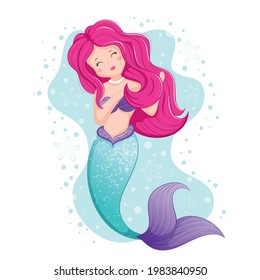 Beautiful Pink hair mermaid, vector illustration