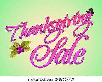 Beautiful Pink Happy Thanksgiving Calligraphy Text Decorate with Red Berry and Pilgrim Hat on Green Background.