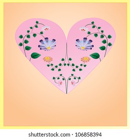 Beautiful pink heart with flowers with green leaves inside  Illustration
