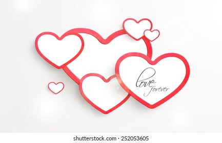 Beautiful pink heart shaped sticky designs with text Love Forever on shiny grey background.