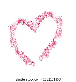 Beautiful pink heart shaped vector floral frame or border isolated on white