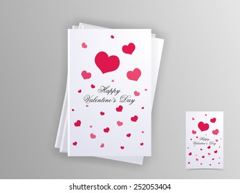 Beautiful pink hearts decorated love greeting cards for Happy Valentines Day celebration of shiny grey background.