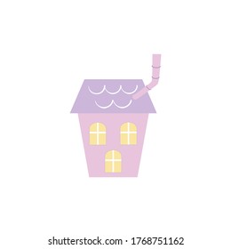 Beautiful Pink House On A White Background. Illustration Of A Cute Children's Dollhouse With A Chimney. Drawing For Textiles, Clothing, And Children's Books. Vector Illustration