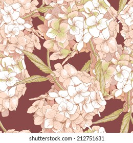 Beautiful Pink Hydrangea, Vintage Botanical Seamless Background