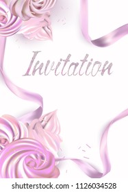 Beautiful pink invitation card with cream cakes and pink ribbons. Vector illustration