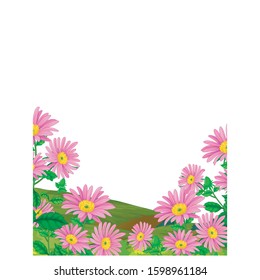 Beautiful Pink Ivy Flower In Grass Hill Field Cartoon
